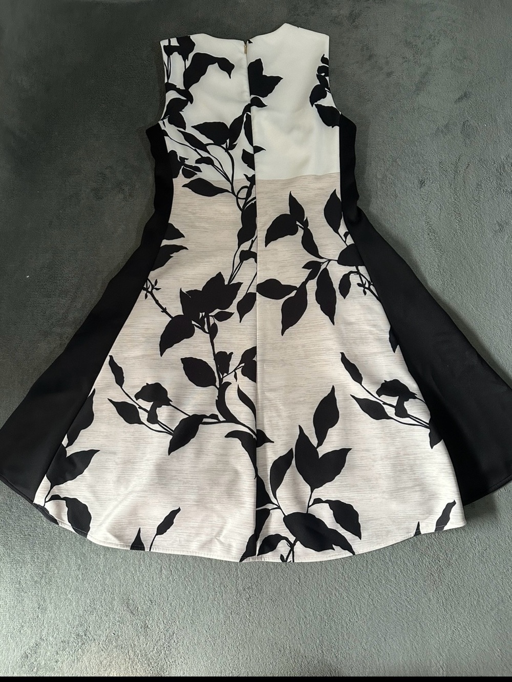 DKNY Black and White Botanical Fit-and-Flare Midi Dress